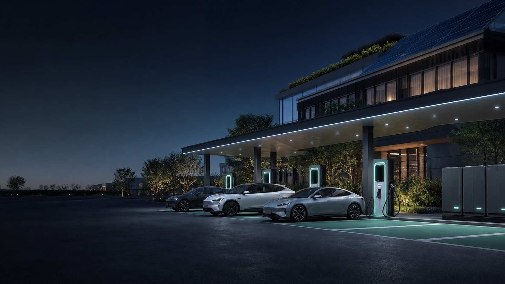 A modern DC fast-charging hub at night, with electric cars plugged in under a lit canopy